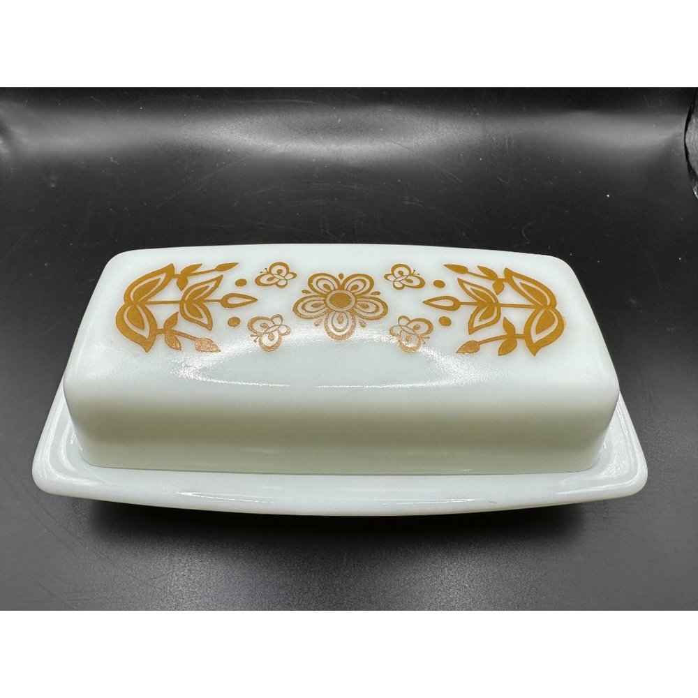 Vintage PyrexMilk Glass  Butterfly Gold Butter Dish Plus Lid Mint Condition